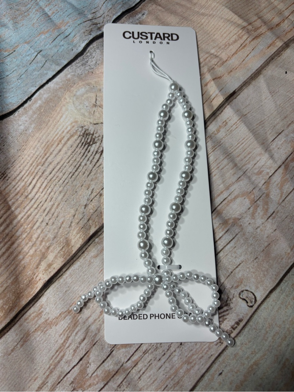 New Custard London White Pearl Beaded Phone Strap